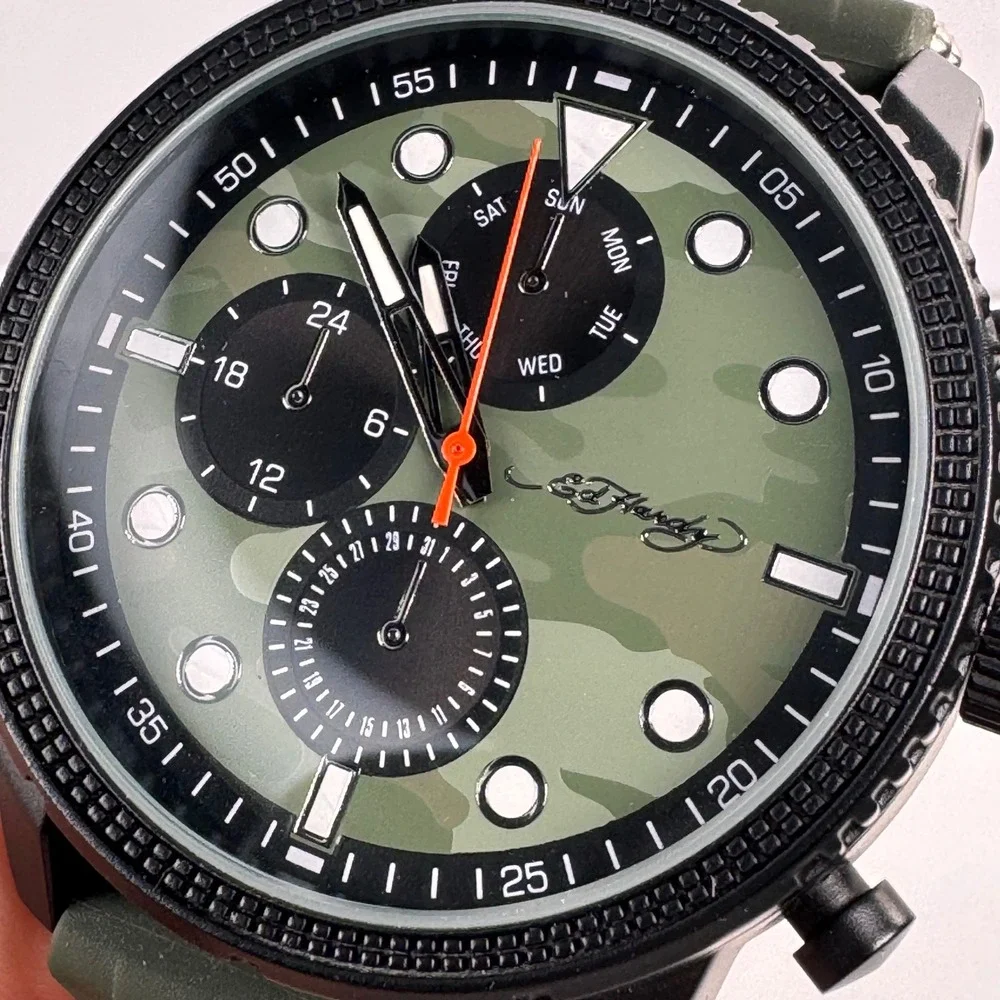 Ed Hardy Mens Camouflage Dial Watch Black Case Green Studded Silicone Band 50444